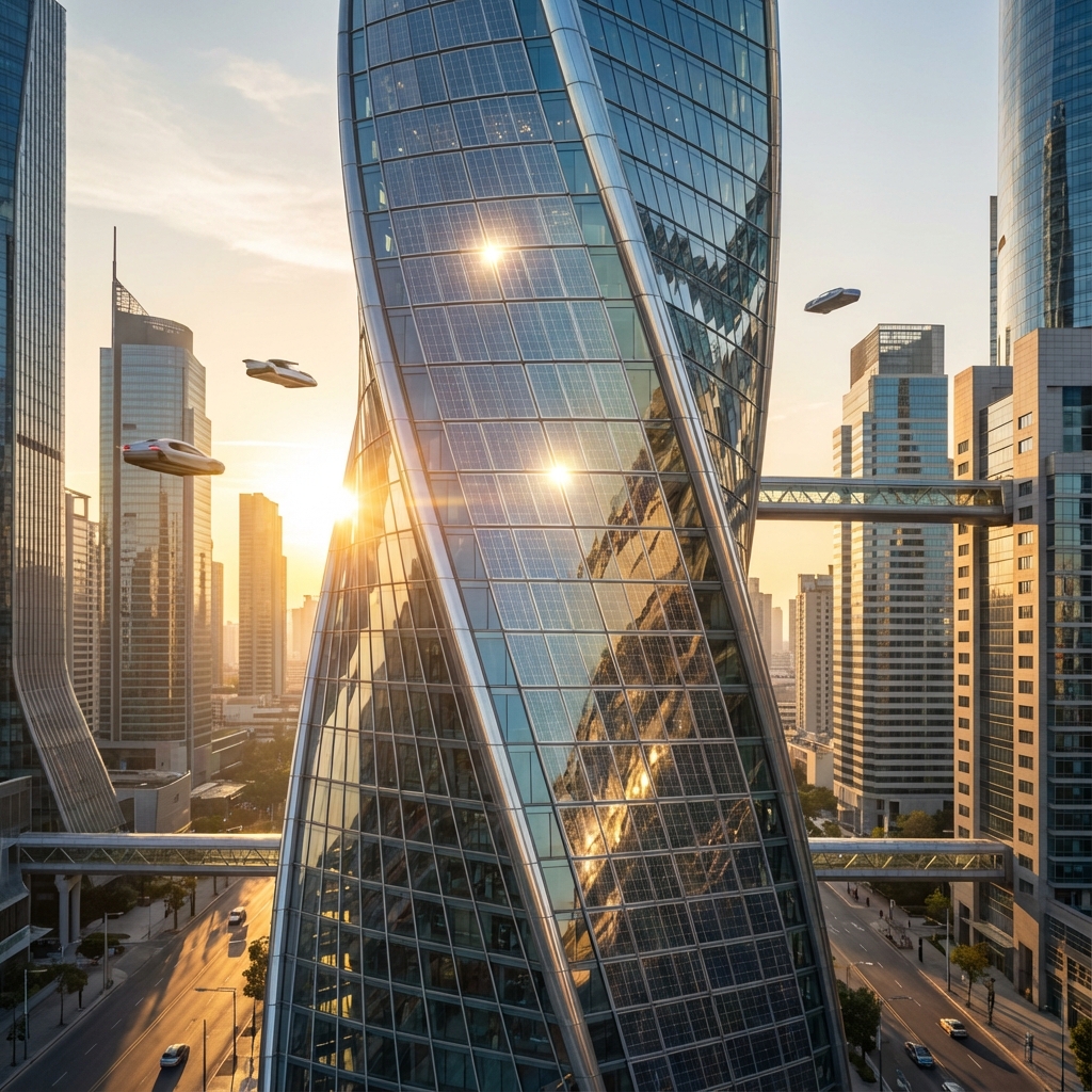 Rascacielos futurista con cristales solares