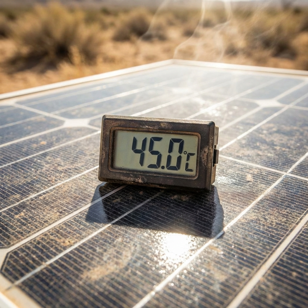 Termómetro marcando alta temperatura sobre panel solar